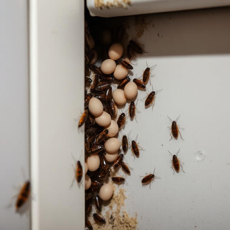 Cockroach infestation with egg cases behind a kitchen appliance