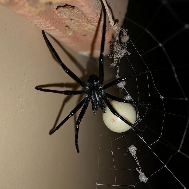 Black widow spider with egg sac in a dark corner of a Phoenix Arizona garage
