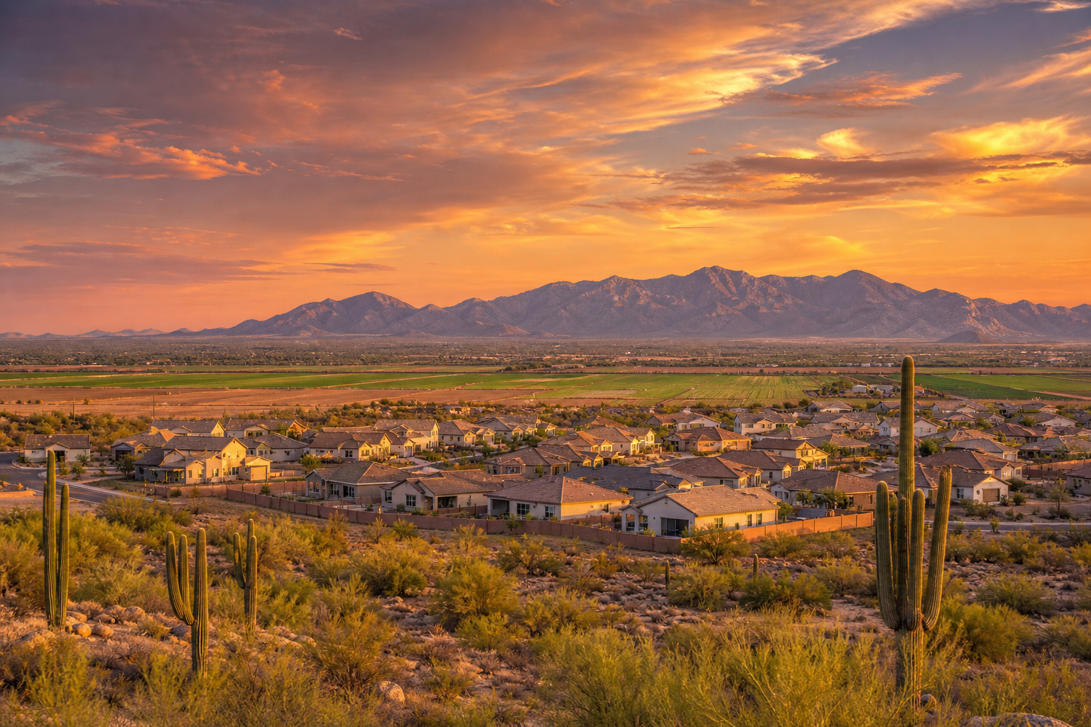 Queen Creek and San Tan Valley Arizona with new construction and open desert at golden hour