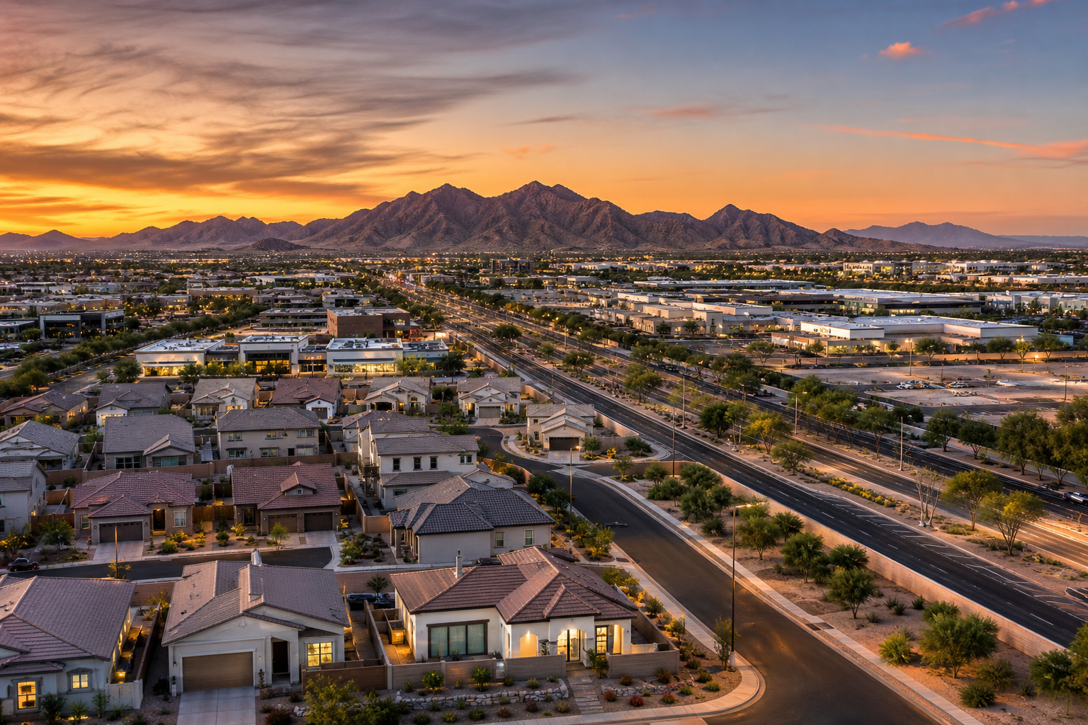 Goodyear Arizona suburban development with Estrella Mountains at golden hour